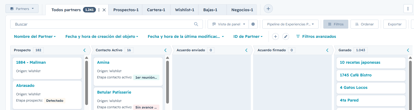 Vista del pipeline de Partners en HubSpot