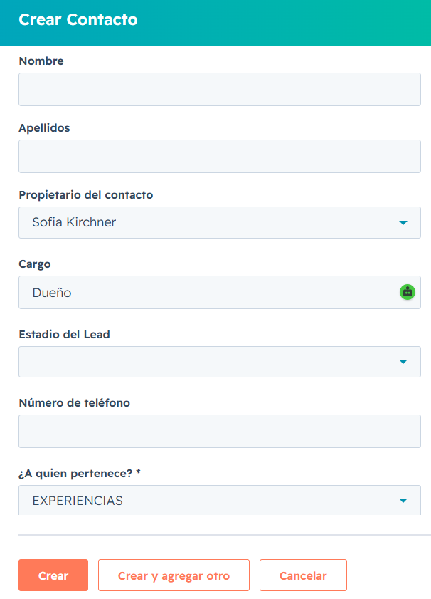 Crear un contacto nuevo asociado al Partner con el campo ¿A quién pertenece? en EXPERIENCIAS