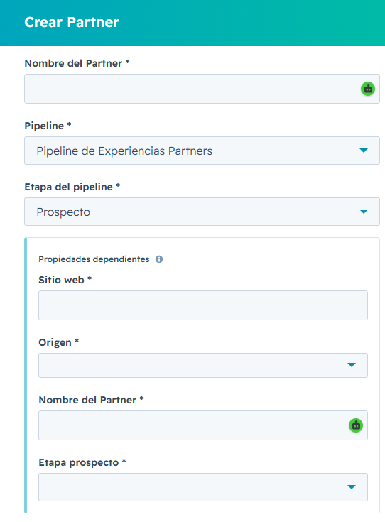 Formulario de alta de un nuevo Partner en HubSpot