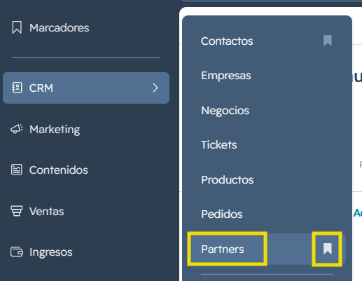 Menú lateral de HubSpot con la opción Partners dentro de CRM resaltada