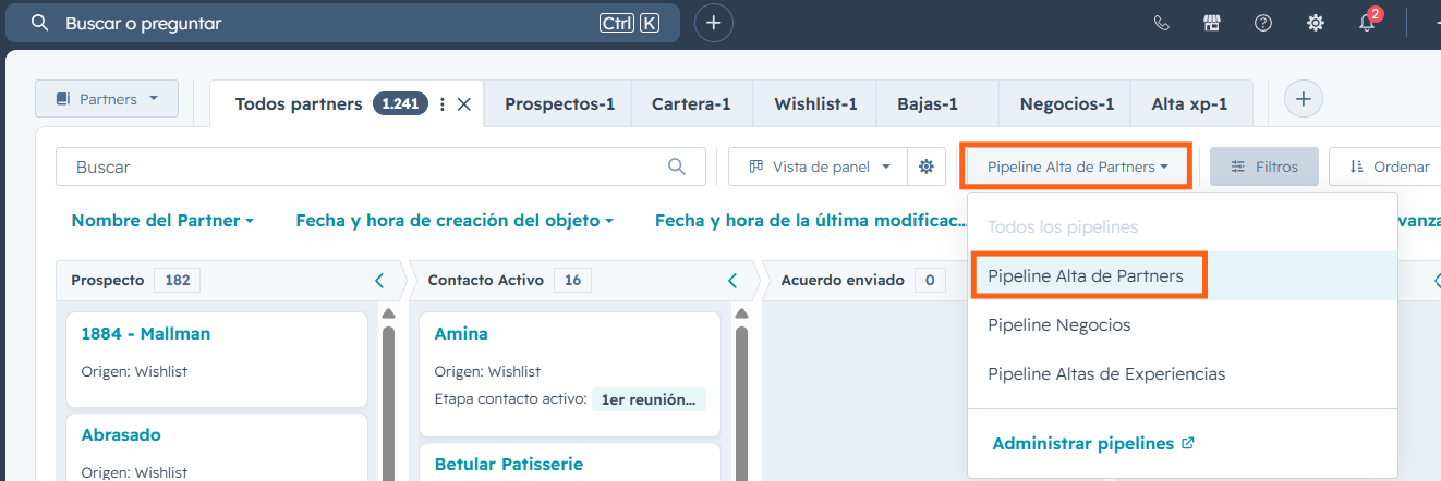 Vista de Partners con el selector Pipeline Alta de Partners resaltado