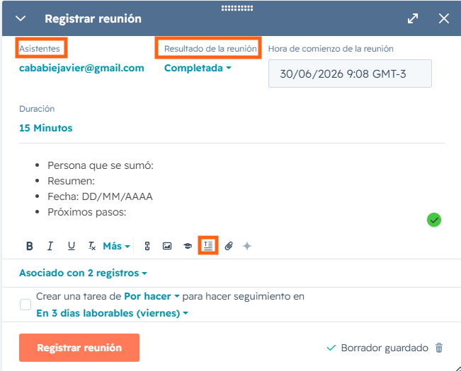 Detalle del registro de reunión con seguimiento asociado