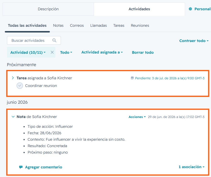 Línea de tiempo de Notas y Tareas en la ficha del Partner
